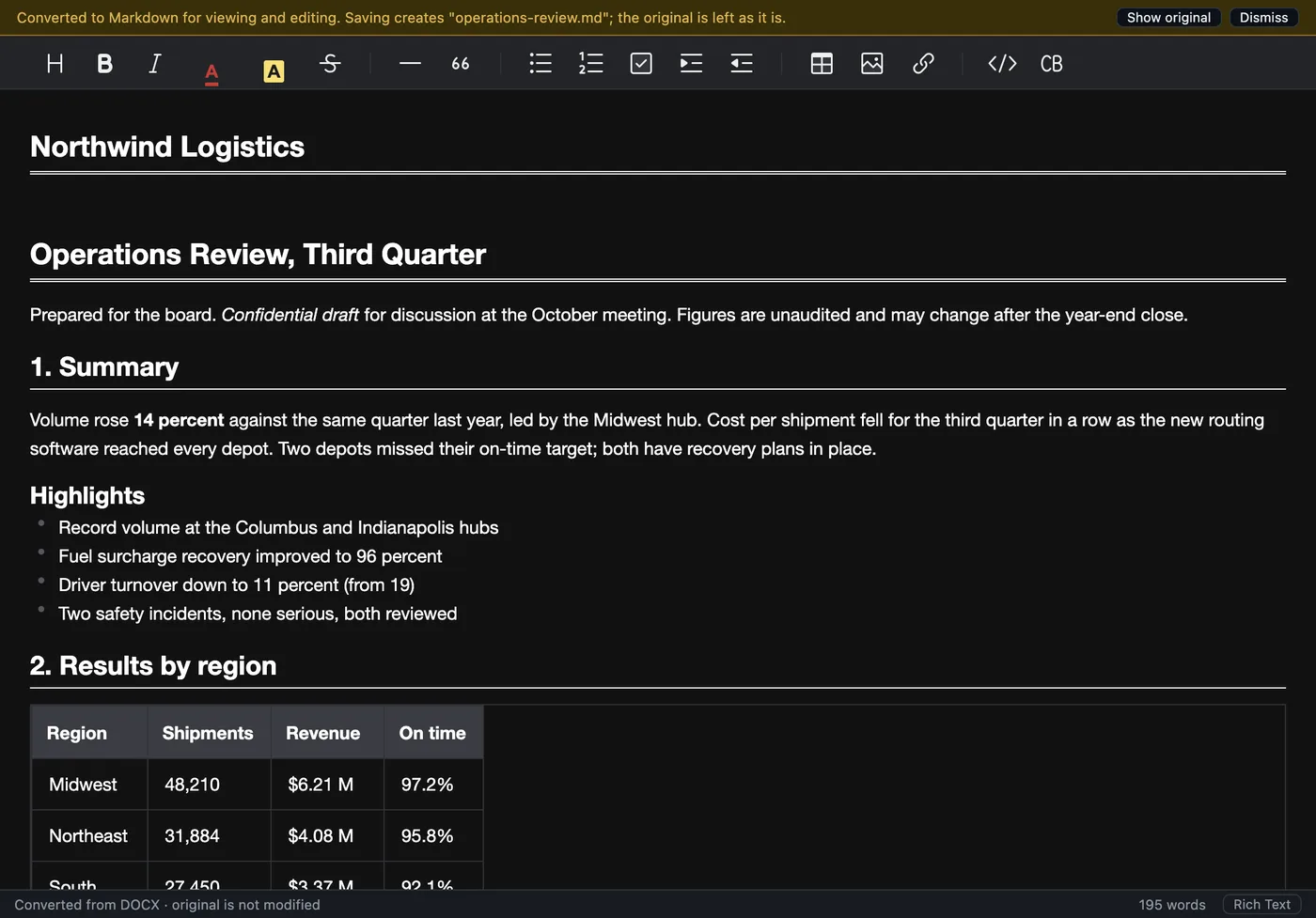 A Word operations review converted to Markdown with headings, lists and a results table