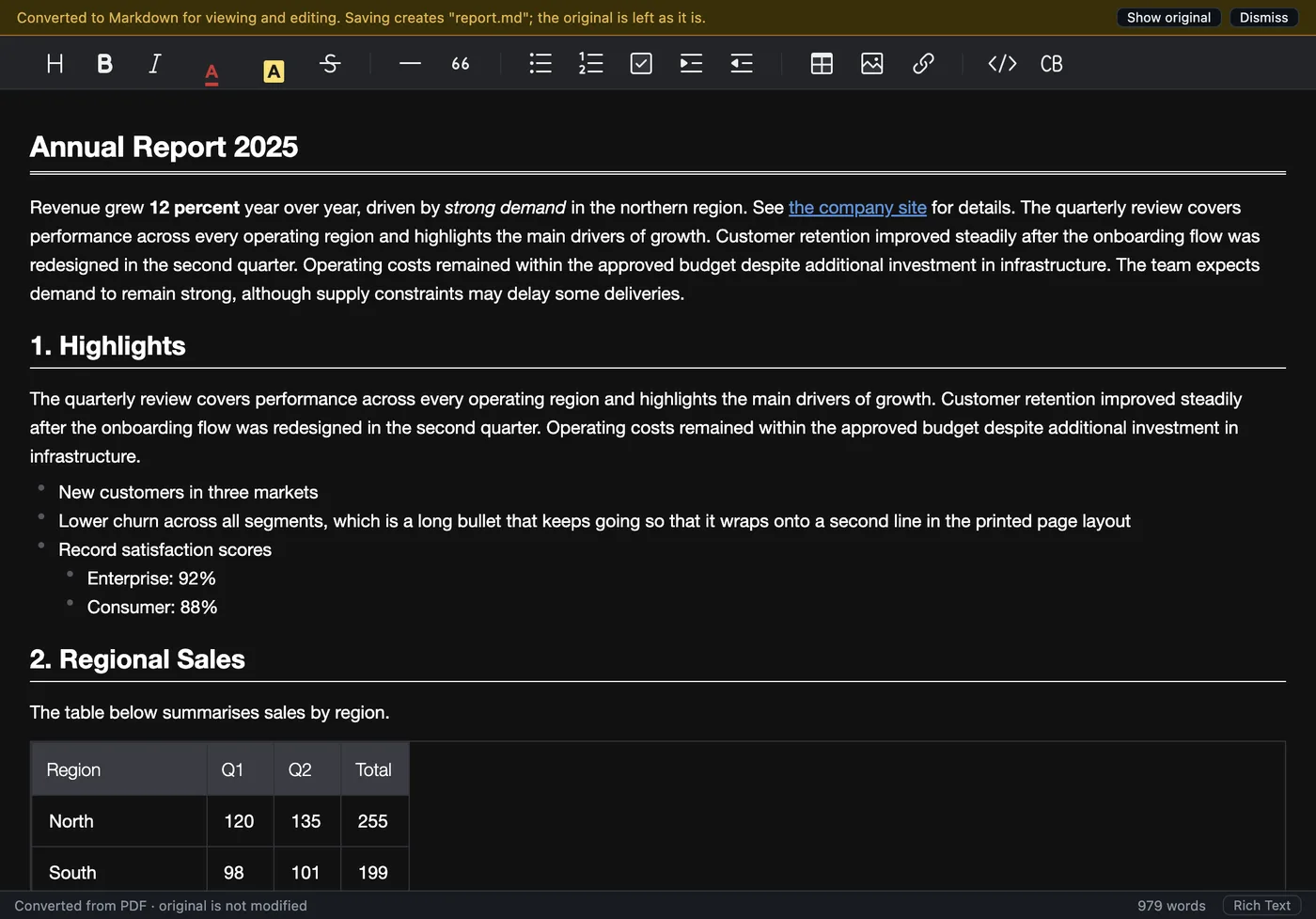 A PDF annual report converted to Markdown with headings, a bulleted list and a sales table