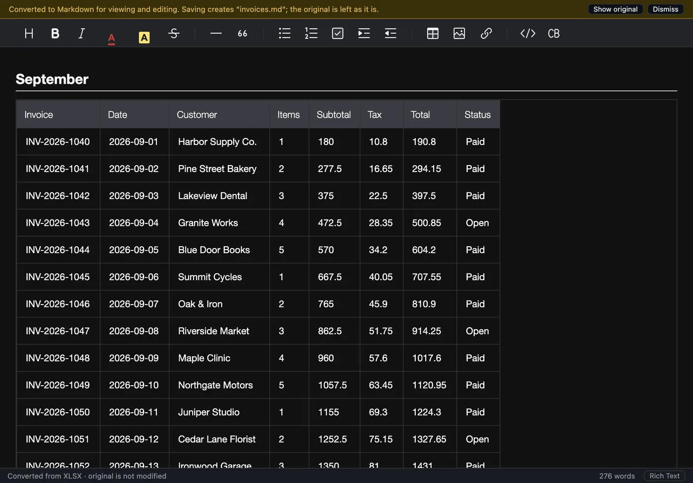 An invoice spreadsheet shown as Markdown tables