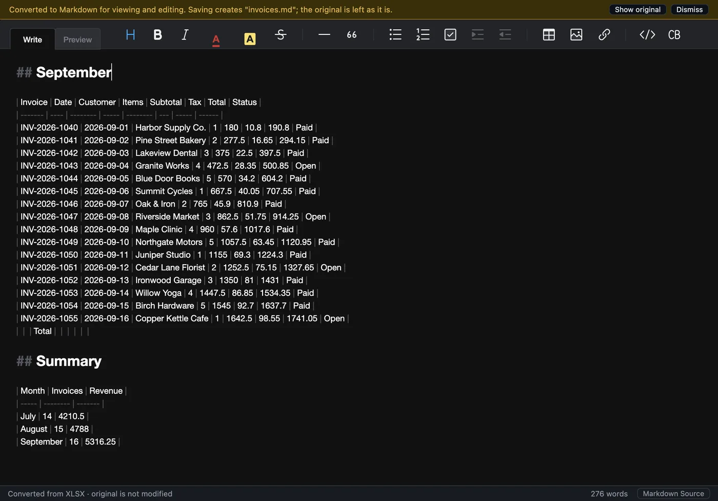 An invoice spreadsheet shown as Markdown tables in the source view